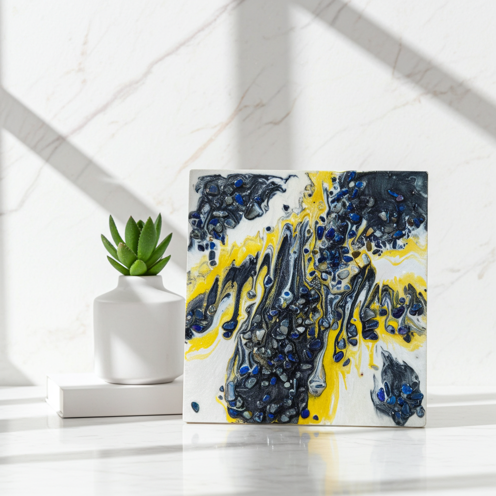“Midnight Bloom” | Black, Gold & Pearl Resin Art with Lapis Lazuli Gemstones | Imperfectly Perfect Handmade Wooden Canvas - Artfully Curated Creations and identify whats in the image