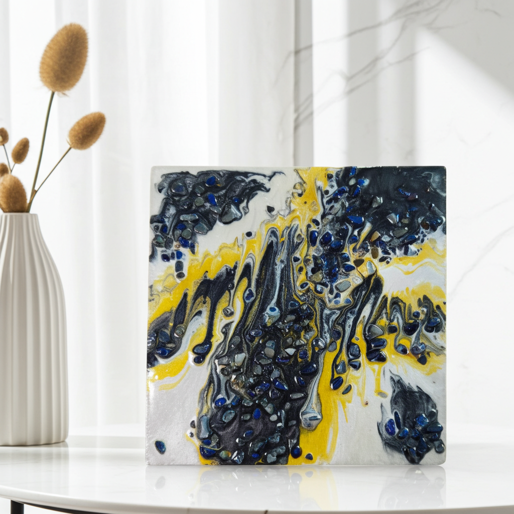 “Midnight Bloom” | Black, Gold & Pearl Resin Art with Lapis Lazuli Gemstones | Imperfectly Perfect Handmade Wooden Canvas - Artfully Curated Creations and identify whats in the image