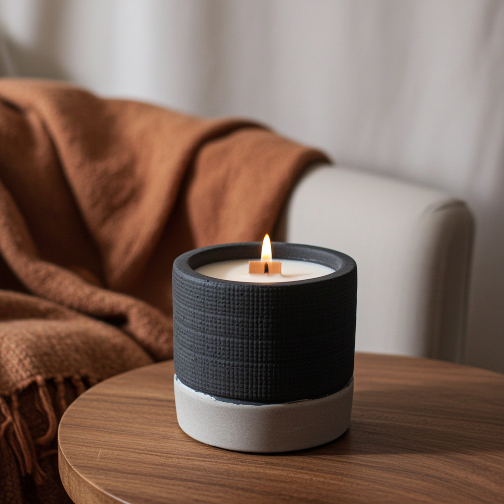 Black Concrete Wooden Wick Candle - Brandy Butter