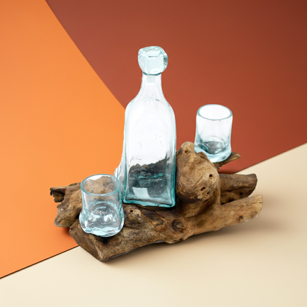 Molton Glass Whiskey Set On Wooden Stand