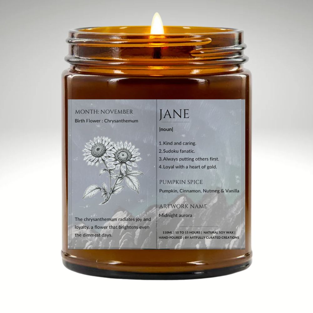 The Definition of you birth flower customisable scented artwork candle | Handmade | A personal gift - Artfully Curated Creations and identify whats in the image