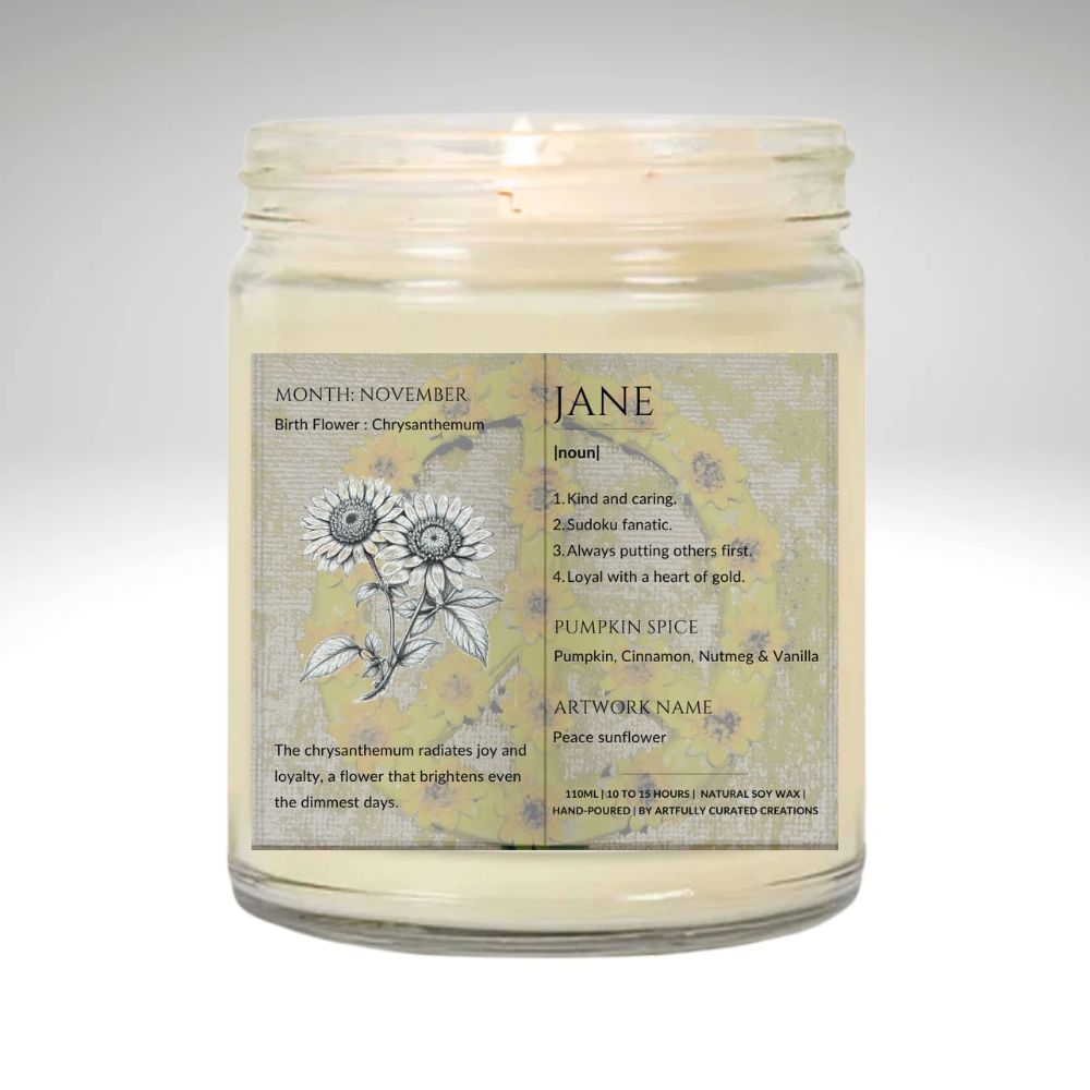 The Definition of you birth flower customisable scented artwork candle transparent jar with lid | Handmade | A personal gift - Artfully Curated Creations and identify whats in the image