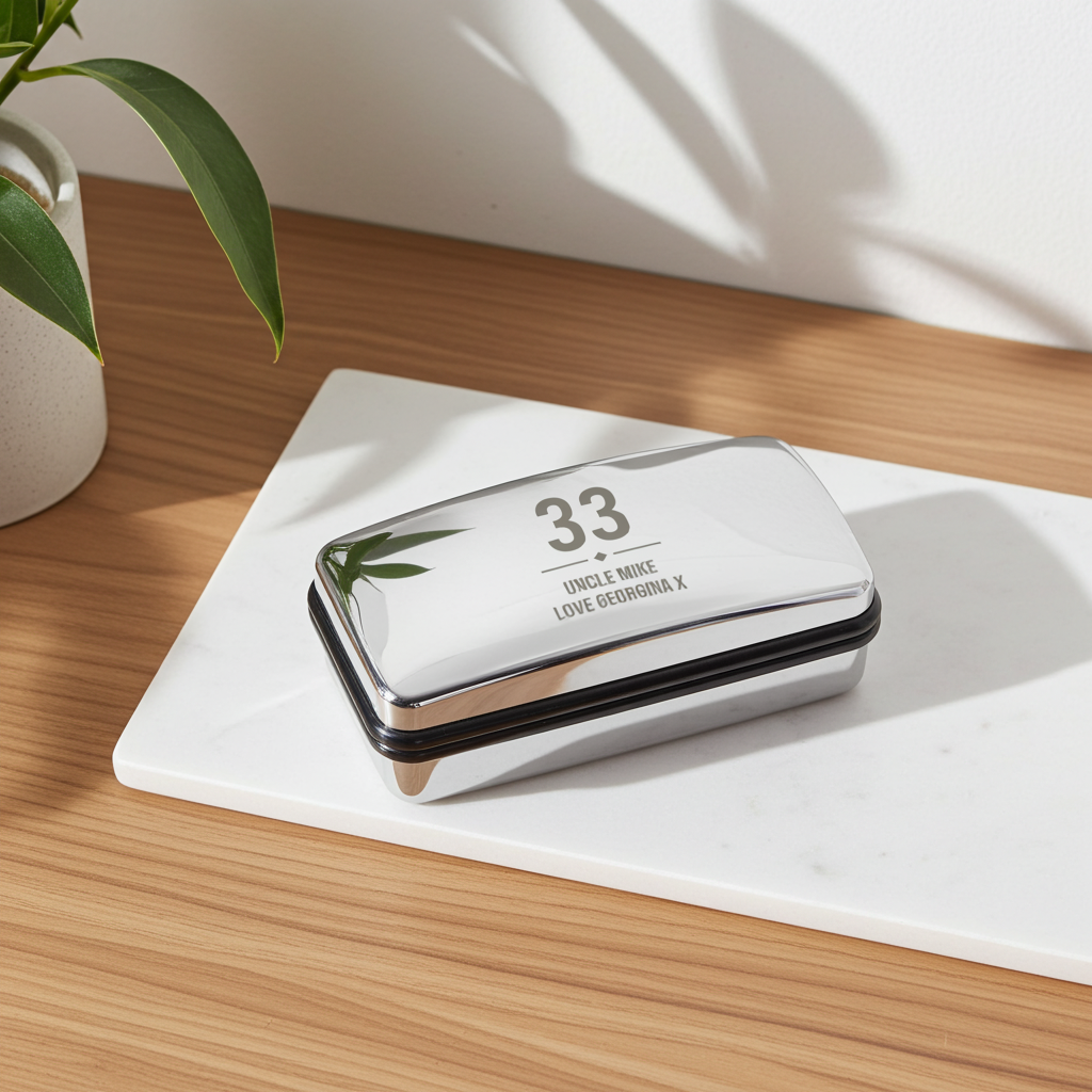 Personalised Age Cufflink Box | Engraved Chrome Keepsake for Birthdays, Weddings & Father’s Day - Artfully Curated Creations and identify whats in the image