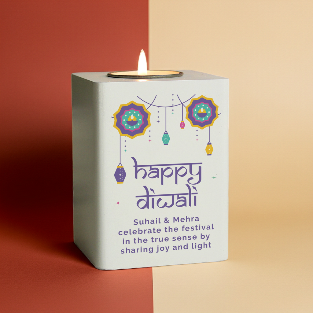 Personalised Wooden Tealight Holder | Diwali ‘Festival of Lights’ Gift - Artfully Curated Creations and identify whats in the image