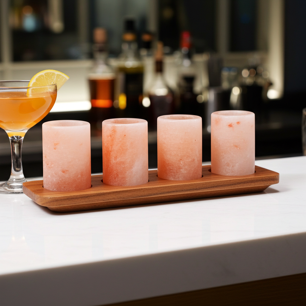 Four pink Himalayan salt lamps on a wooden tray with a cocktail in the background.
