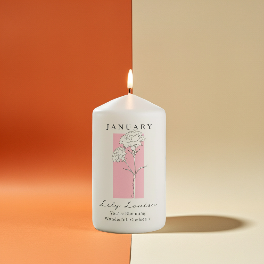 Personalised Birth Flower Pillar Candle | Handmade | A personal gift - Artfully Curated Creations and identify whats in the image