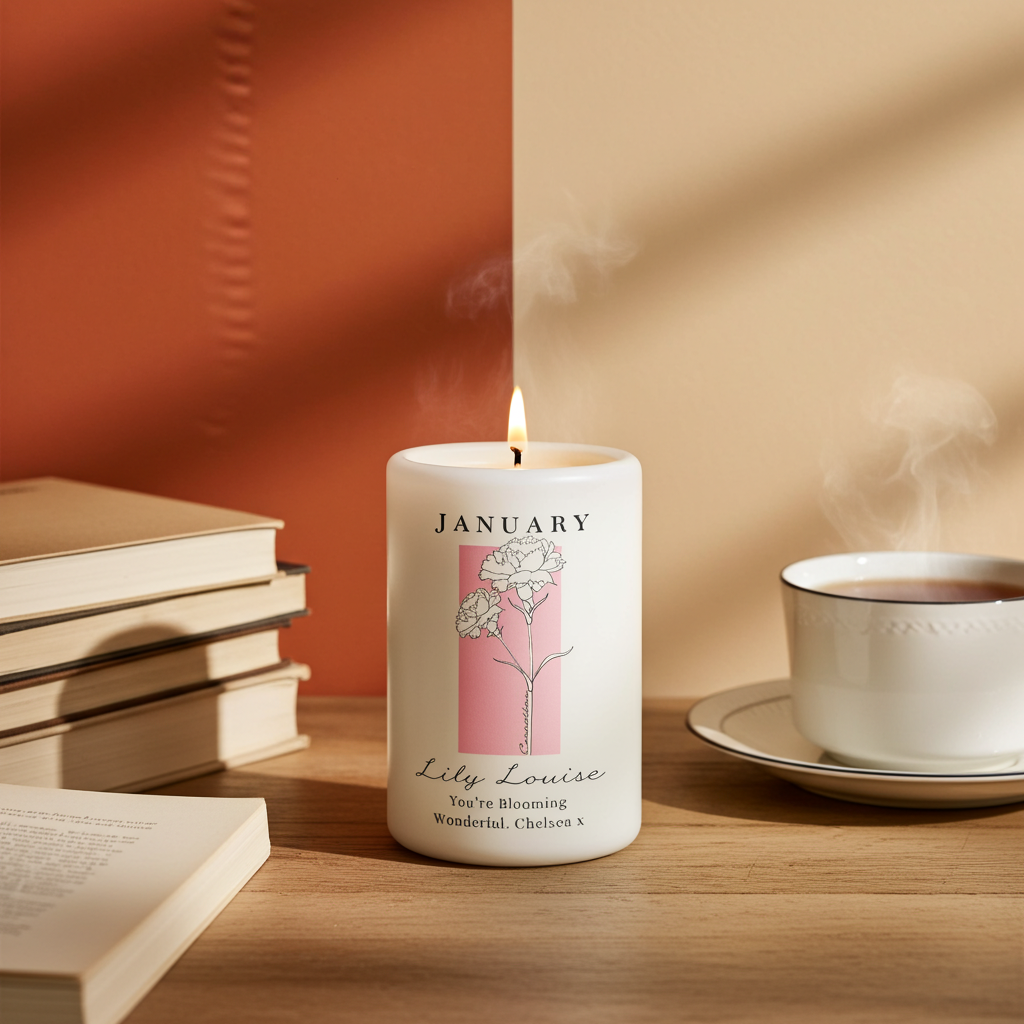 Personalised Birth Flower Pillar Candle | Handmade | A personal gift - Artfully Curated Creations and identify whats in the image