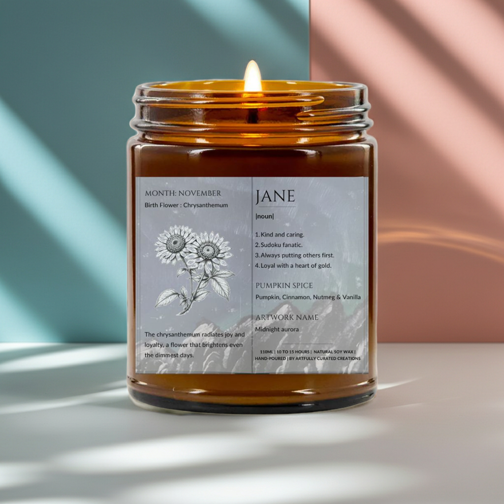 The Definition of you birth flower customisable scented artwork candle | Handmade | A personal gift - Artfully Curated Creations and identify whats in the image