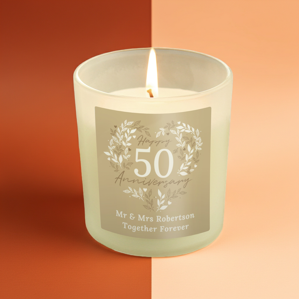 Personalised 50th Anniversary Vanilla Candle Jar | Golden Anniversary Keepsake - Artfully Curated Creations and identify whats in the image