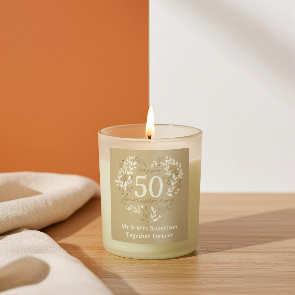 Personalised 50th Anniversary Vanilla Candle Jar | Golden Anniversary Keepsake - Artfully Curated Creations and identify whats in the image
