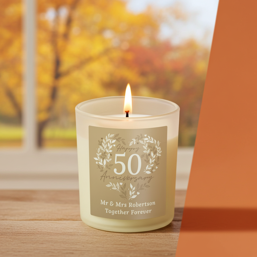 Personalised 50th Anniversary Vanilla Candle Jar | Golden Anniversary Keepsake - Artfully Curated Creations and identify whats in the image