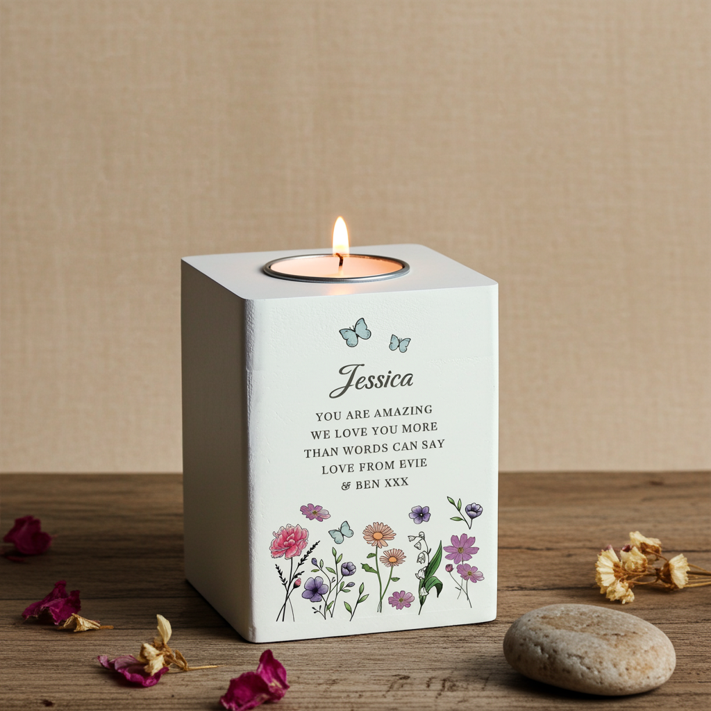 Personalised Wild Flowers Tealight Holder| Custom Wooden Gift for Any Occasion - Artfully Curated Creations and identify whats in the image