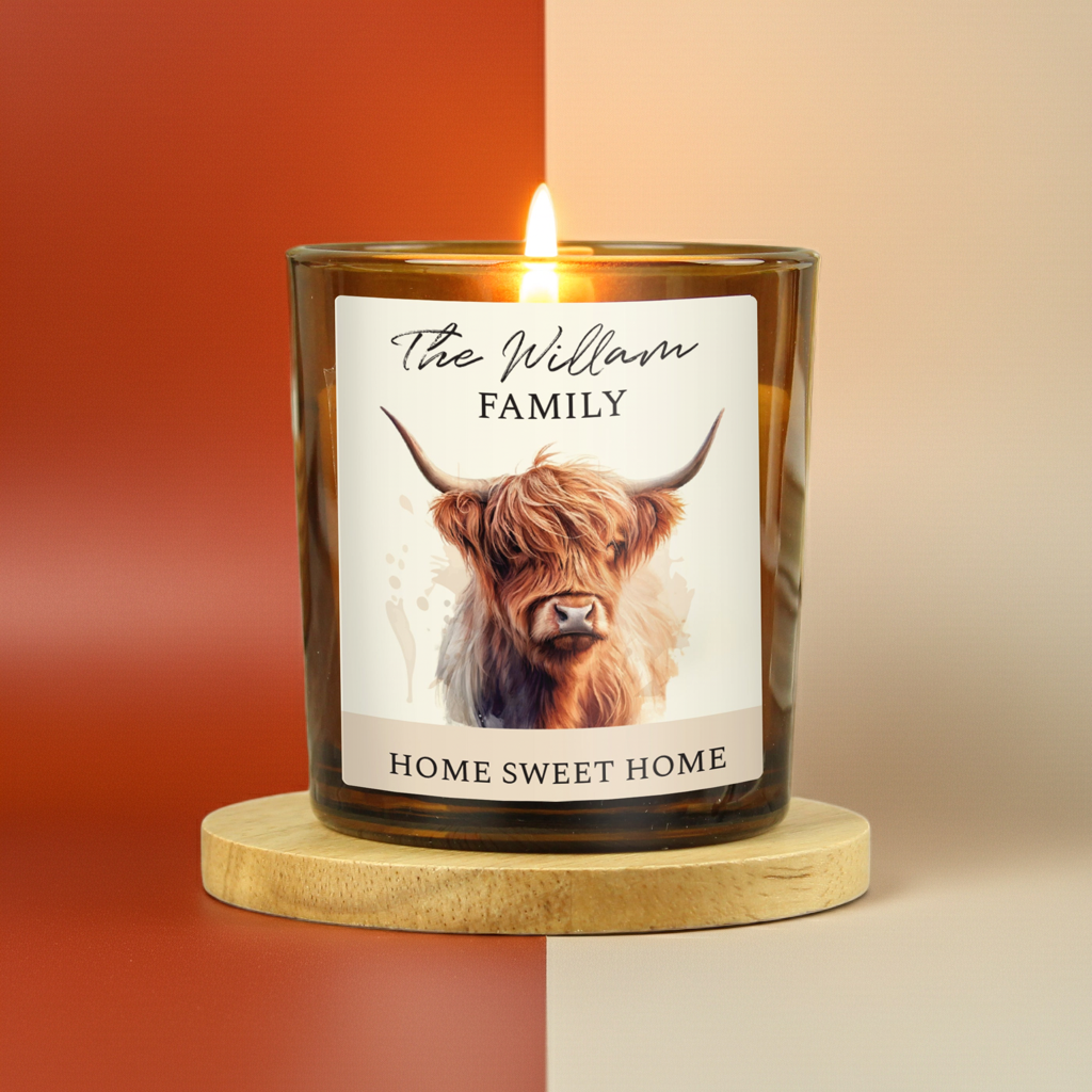 Personalised Highland Cow Amber Glass Vanilla Candle Jar | Custom Message Gift for Any Occasion - Artfully Curated Creations and identify whats in the image