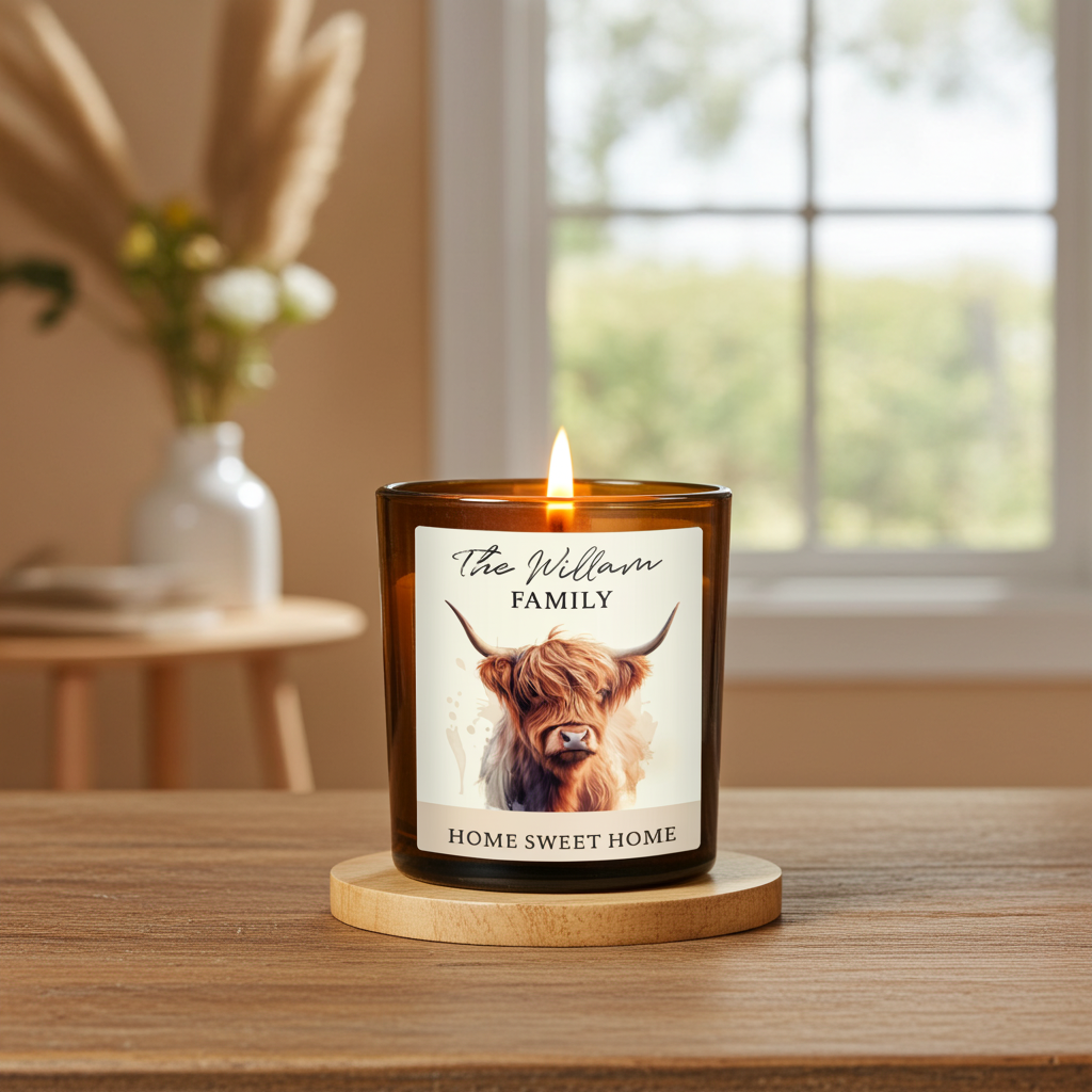 Personalised Highland Cow Amber Glass Vanilla Candle Jar | Custom Message Gift for Any Occasion - Artfully Curated Creations and identify whats in the image