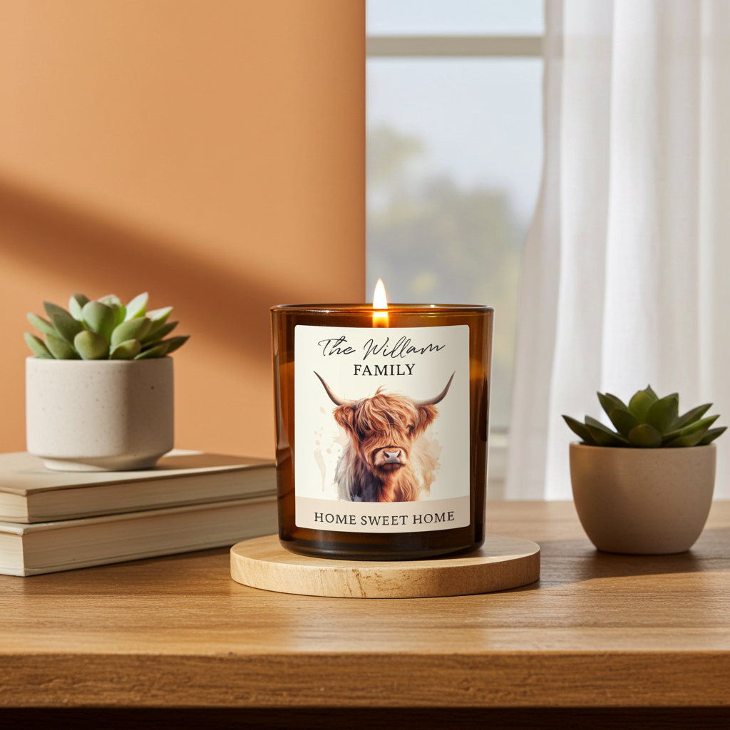 Personalised Highland Cow Amber Glass Vanilla Candle Jar | Custom Message Gift for Any Occasion - Artfully Curated Creations and identify whats in the image