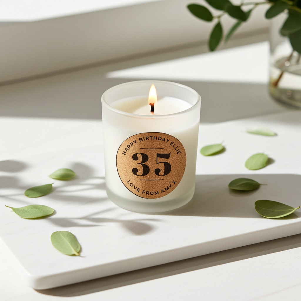 Personalised Vanilla Birthday Cork Label Candle Jar | Custom Age & Message Gift - Artfully Curated Creations and identify whats in the image