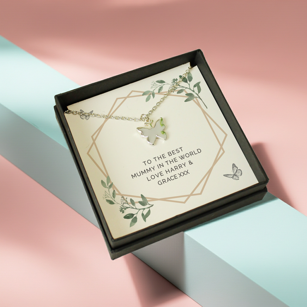 Personalised Butterfly Necklace | Engraved Sentiment Card & Gift Box for Any Occasion - Artfully Curated Creations and identify whats in the image