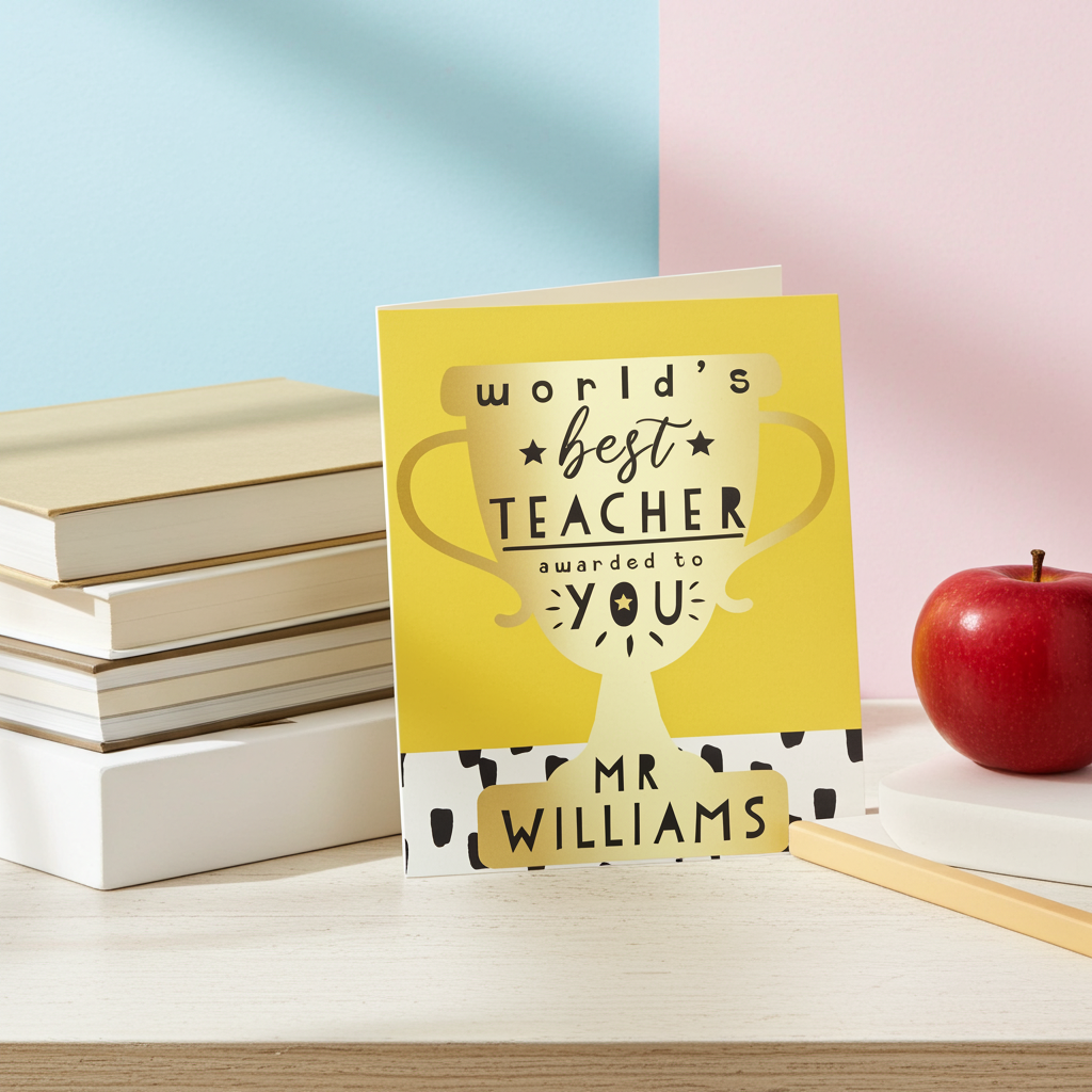 Personalised ‘World’s Best Teacher’ Greeting Card | A Thoughtful Way to Say Thank You - Artfully Curated Creations and identify whats in the image