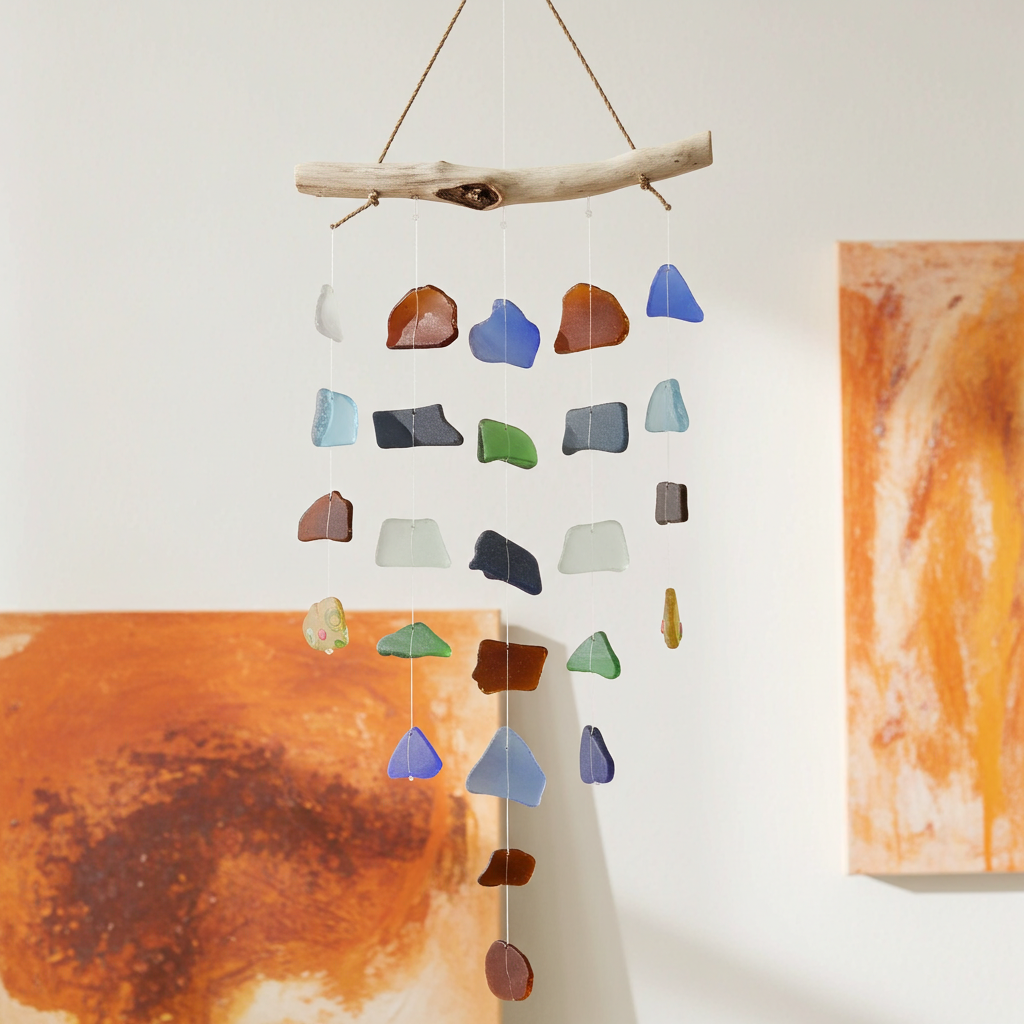 Recycled Glass Simple Five String Wind Chimes - Multi Coloured