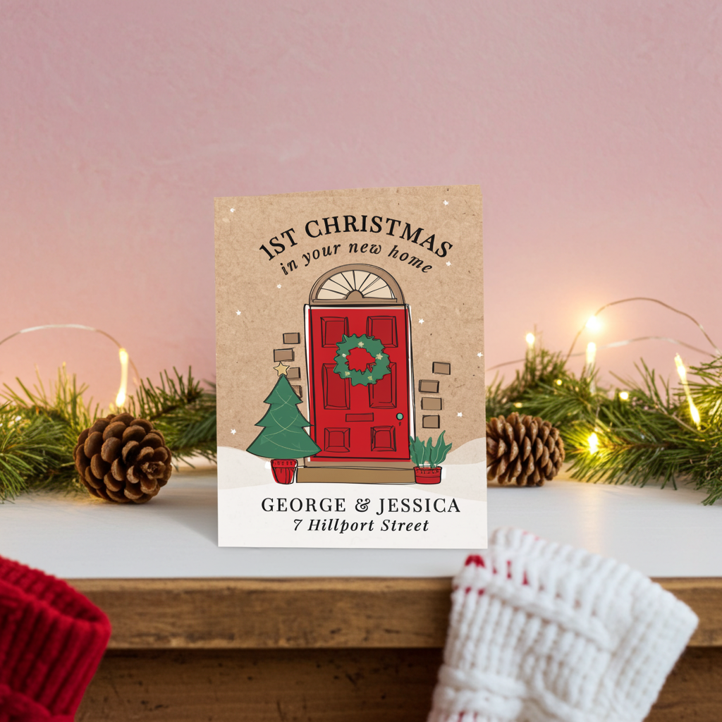 Personalised 1st Christmas in Your New Home Card | A Beautiful Way to Celebrate a Special Milestone - Artfully Curated Creations and identify whats in the image