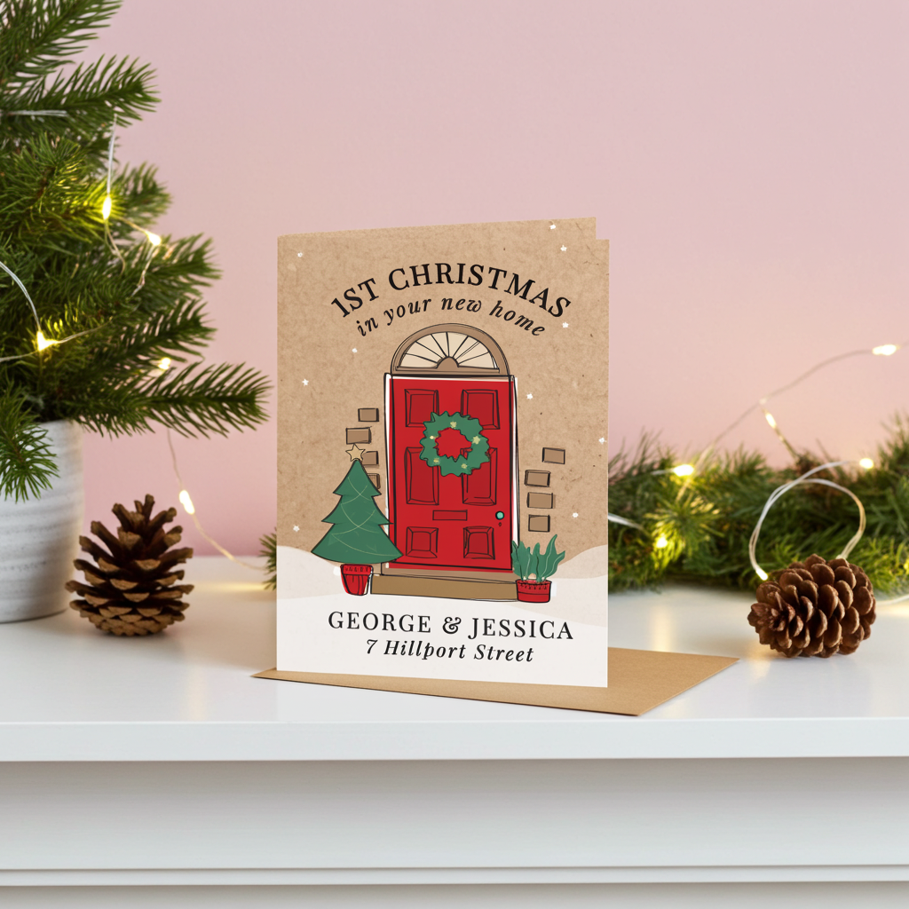 Personalised 1st Christmas in Your New Home Card | A Beautiful Way to Celebrate a Special Milestone - Artfully Curated Creations and identify whats in the image