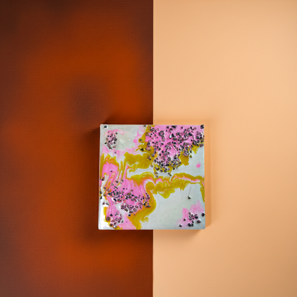 “Blush & Bloom” | Pink Gold & Pearl Resin Art with Rhodonite Gemstones | Imperfectly Perfect Handmade Wooden Canvas - Artfully Curated Creations and identify whats in the image