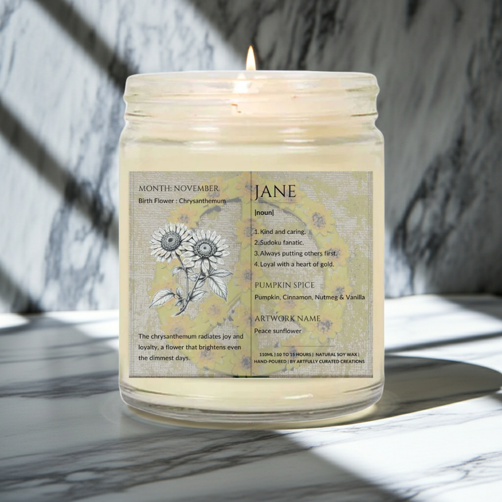 The Definition of you birth flower customisable scented artwork candle transparent jar with lid | Handmade | A personal gift - Artfully Curated Creations and identify whats in the image