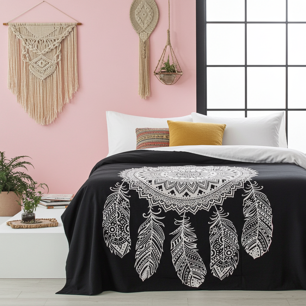 Black & White Double Bed Spread / Wall Art - Dream Catcher
