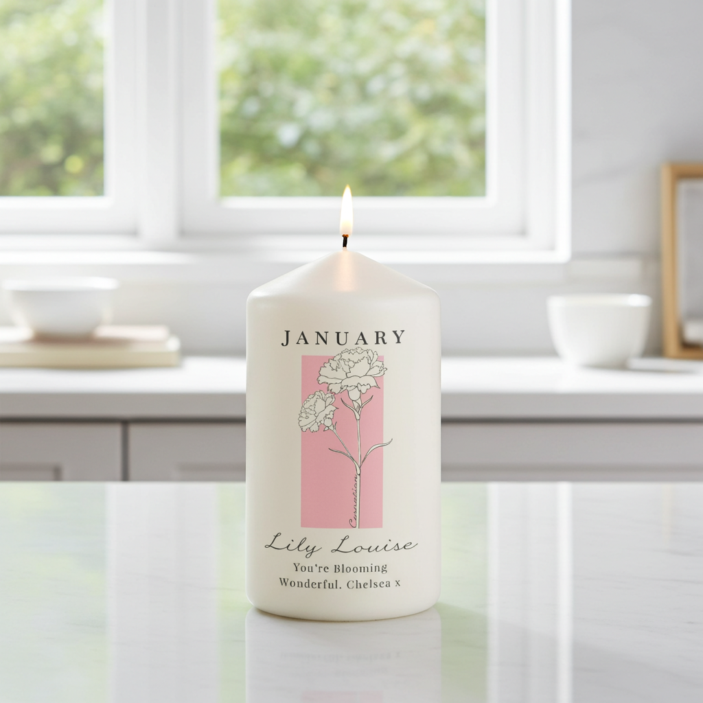 Personalised Birth Flower Pillar Candle | Handmade | A personal gift - Artfully Curated Creations and identify whats in the image