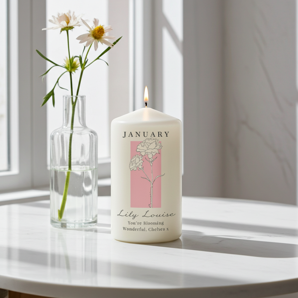 Personalised Birth Flower Pillar Candle | Handmade | A personal gift - Artfully Curated Creations and identify whats in the image