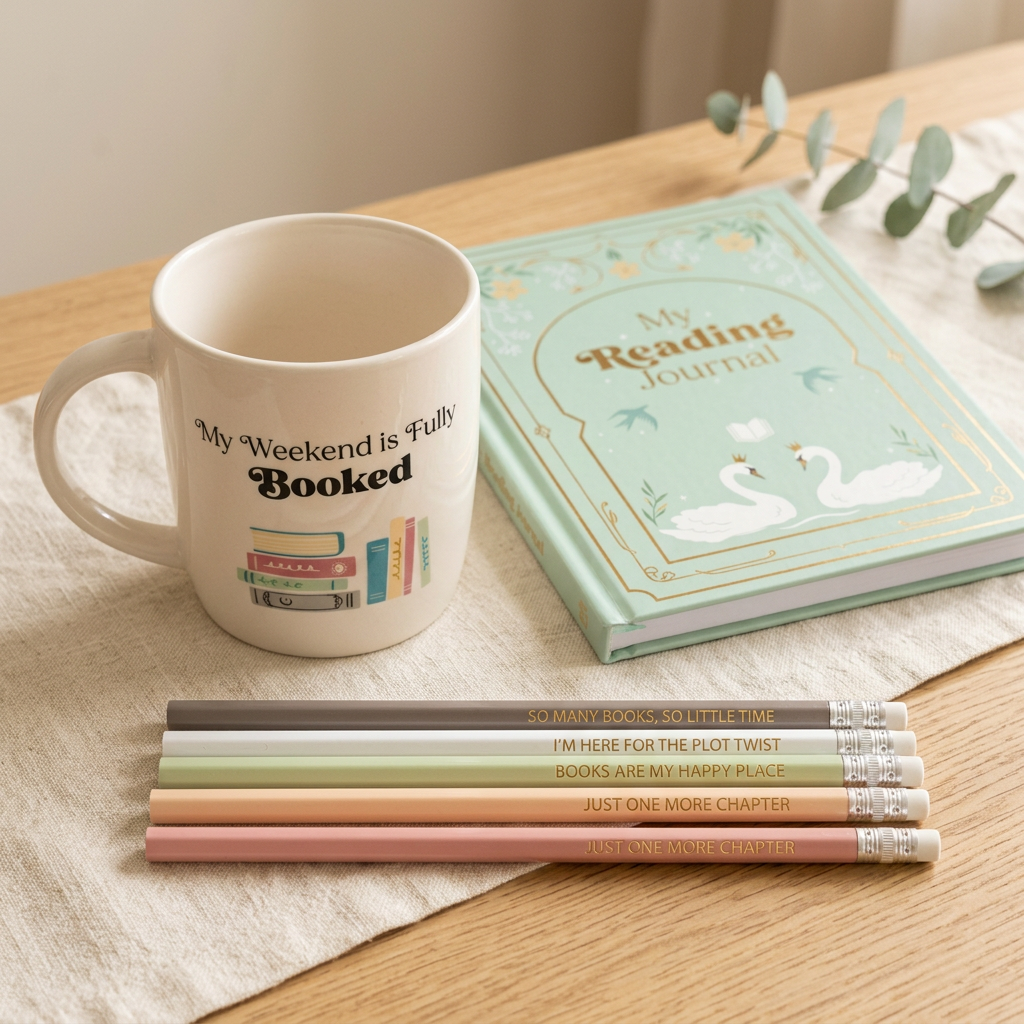 Fully Booked gift bundle with mug, reading journal and five pencils