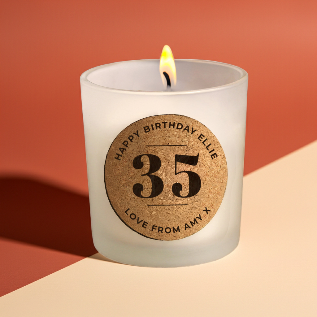 Personalised Vanilla Birthday Cork Label Candle Jar | Custom Age & Message Gift - Artfully Curated Creations and identify whats in the image