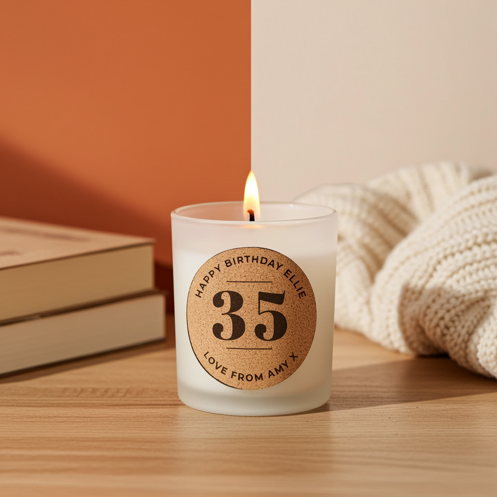 Personalised Vanilla Birthday Cork Label Candle Jar | Custom Age & Message Gift - Artfully Curated Creations and identify whats in the image