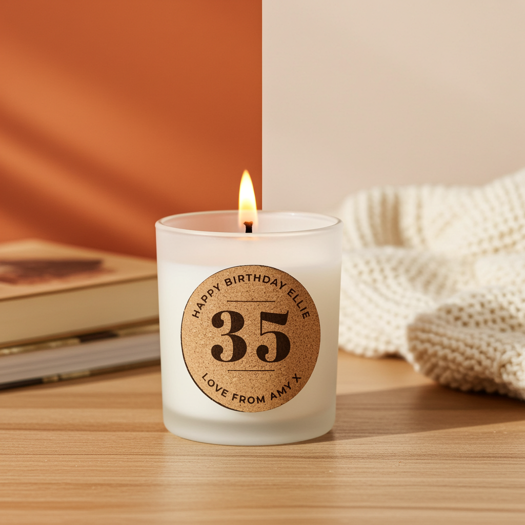 Personalised Vanilla Birthday Cork Label Candle Jar | Custom Age & Message Gift - Artfully Curated Creations and identify whats in the image