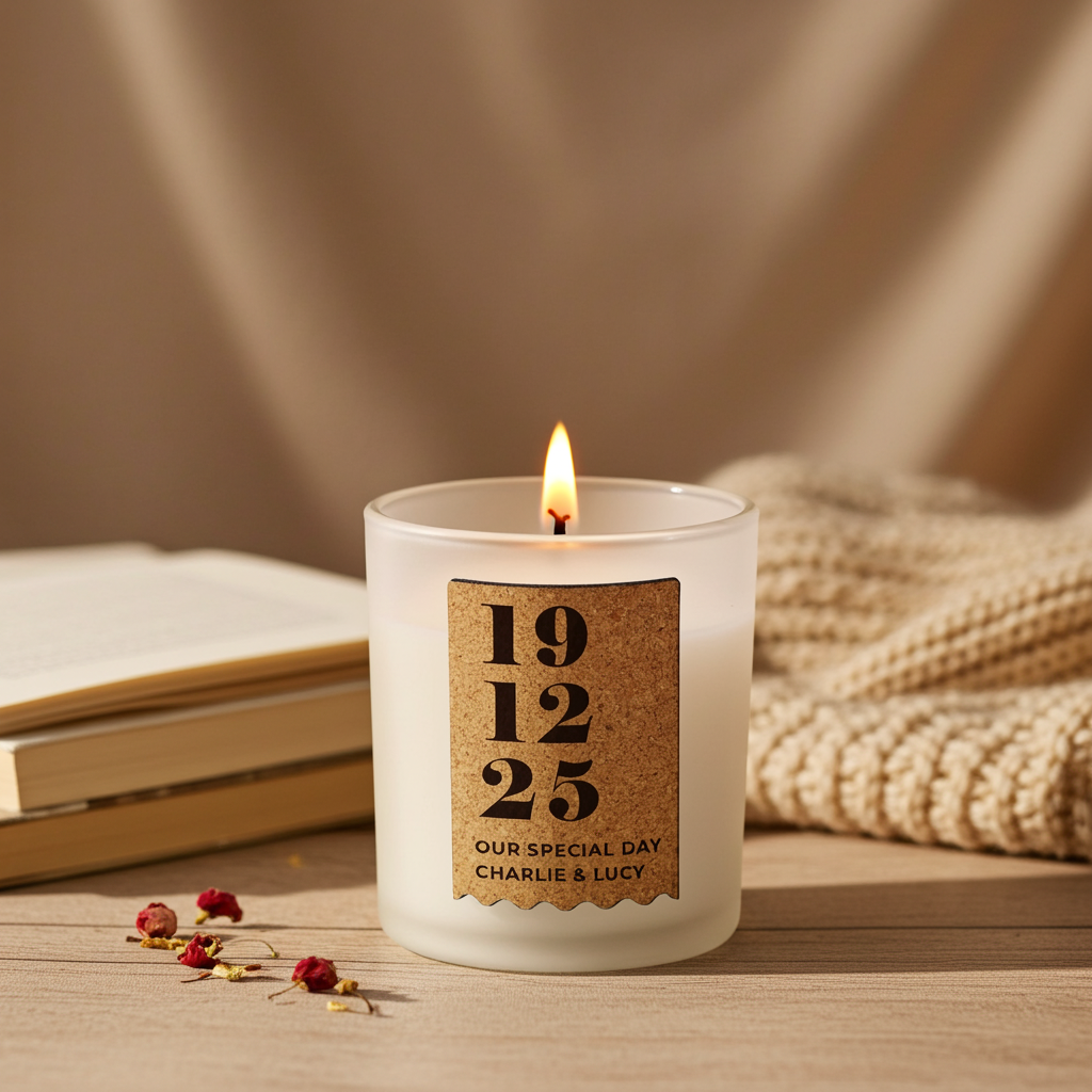 Personalised Vanilla Anniversary Cork Label Candle Jar | Custom Date & Message Keepsake - Artfully Curated Creations and identify whats in the image