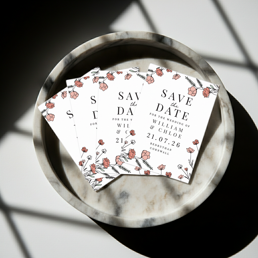 Personalised Pink Floral Save the Date Cards | A Stylish Way to Announce Your Wedding - Artfully Curated Creations and identify whats in the image