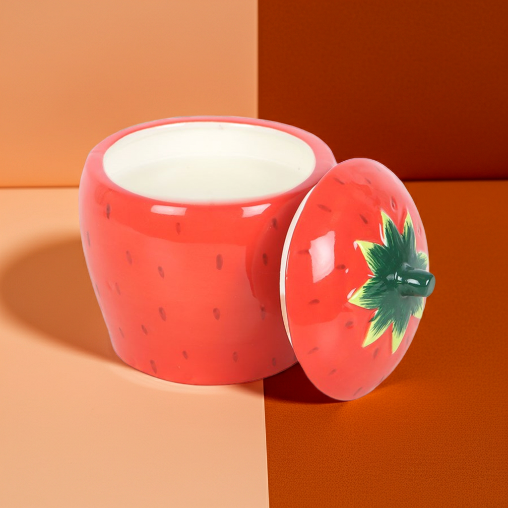 Strawberry Shaped Candle Ceramic Jar with Fruity Scent Sweet Home Decor & Gift, 16-Hour Burn Time