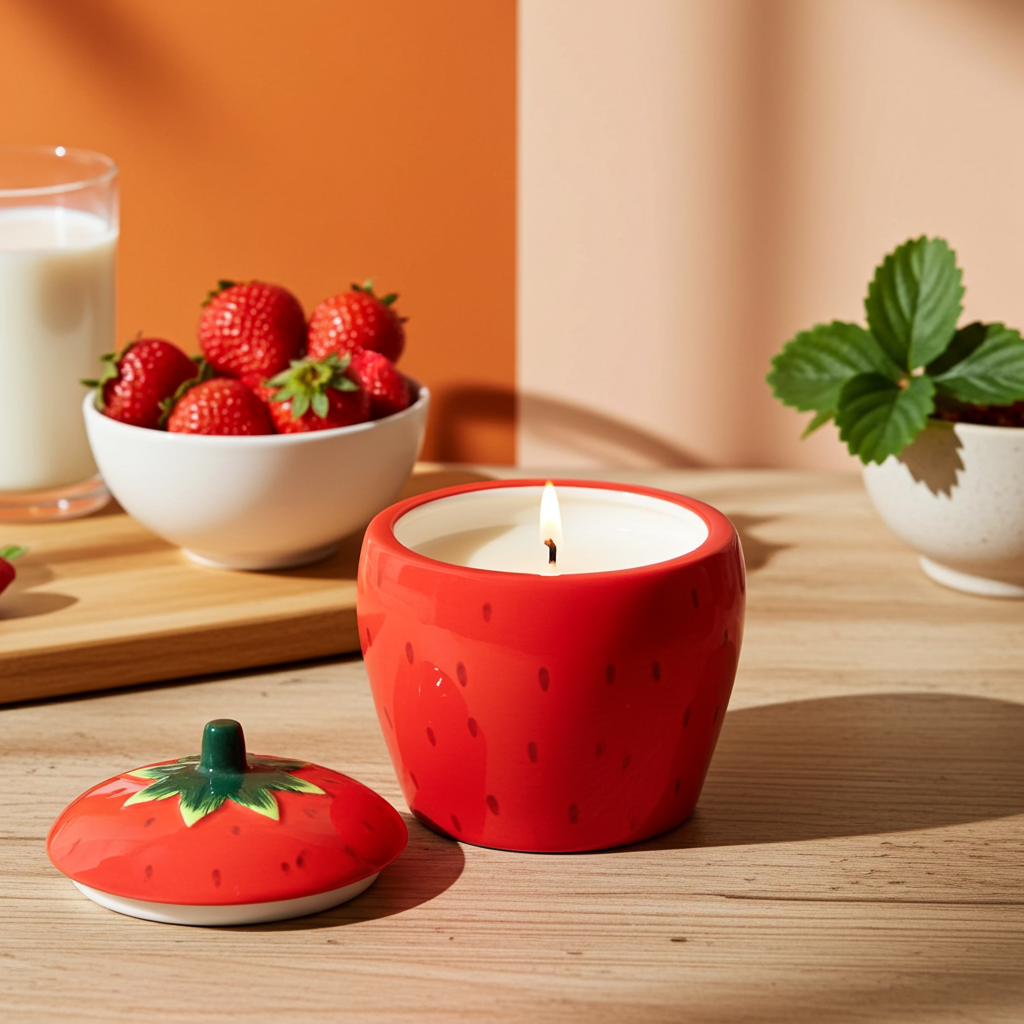 Strawberry Shaped Candle Ceramic Jar with Fruity Scent Sweet Home Decor & Gift, 16-Hour Burn Time