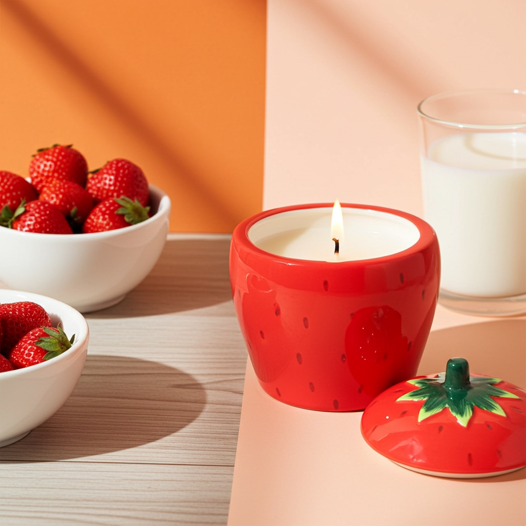 Strawberry Shaped Candle Ceramic Jar with Fruity Scent Sweet Home Decor & Gift, 16-Hour Burn Time