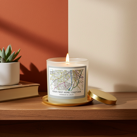 Personalised Present Day Map Vanilla Jar Candle | A Unique Gift for Any Home - Artfully Curated Creations and identify whats in the image