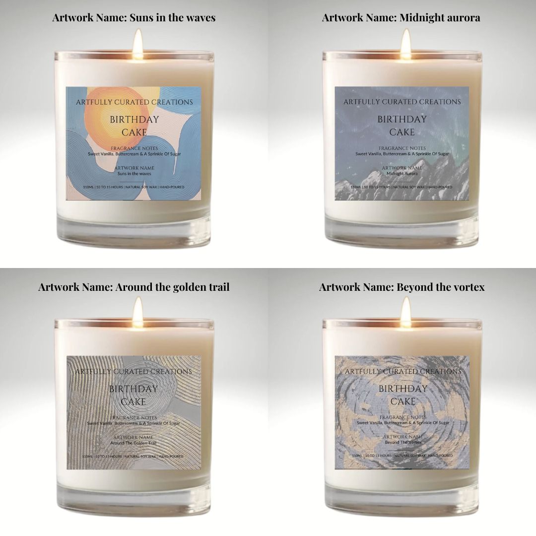 Art Candle Original Artwork Scented Soy Wax in clear glass | Handmade Gift | Wedding Favour | Elegant Home Décor | Luxury Party Bag - Artfully Curated Creations and identify whats in the image