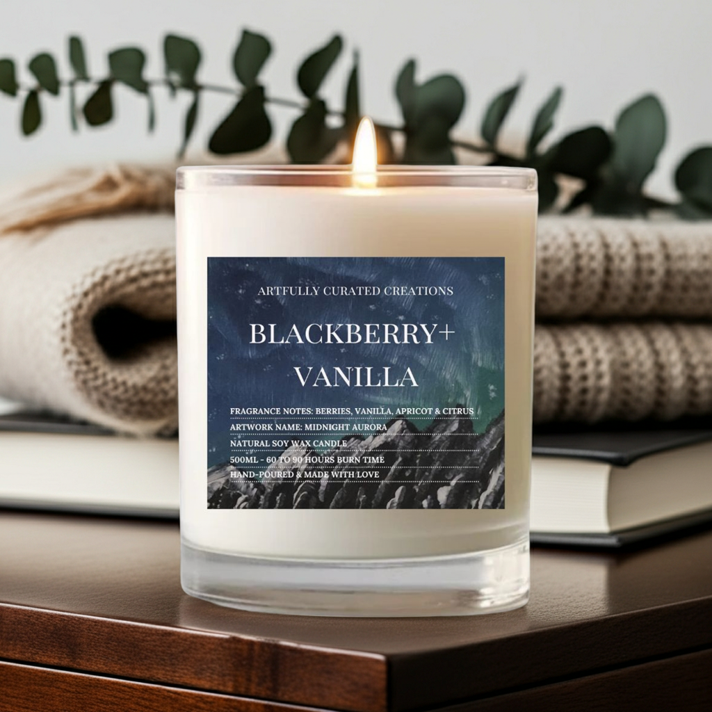 A lit scented candle in a clear glass jar sits on a wooden surface with a cozy background of a knitted blanket, book, and greenery. The candle label reads 'BLACKBERRY+ VANILLA' and shows the brand 'Artfully Curated Creations'.