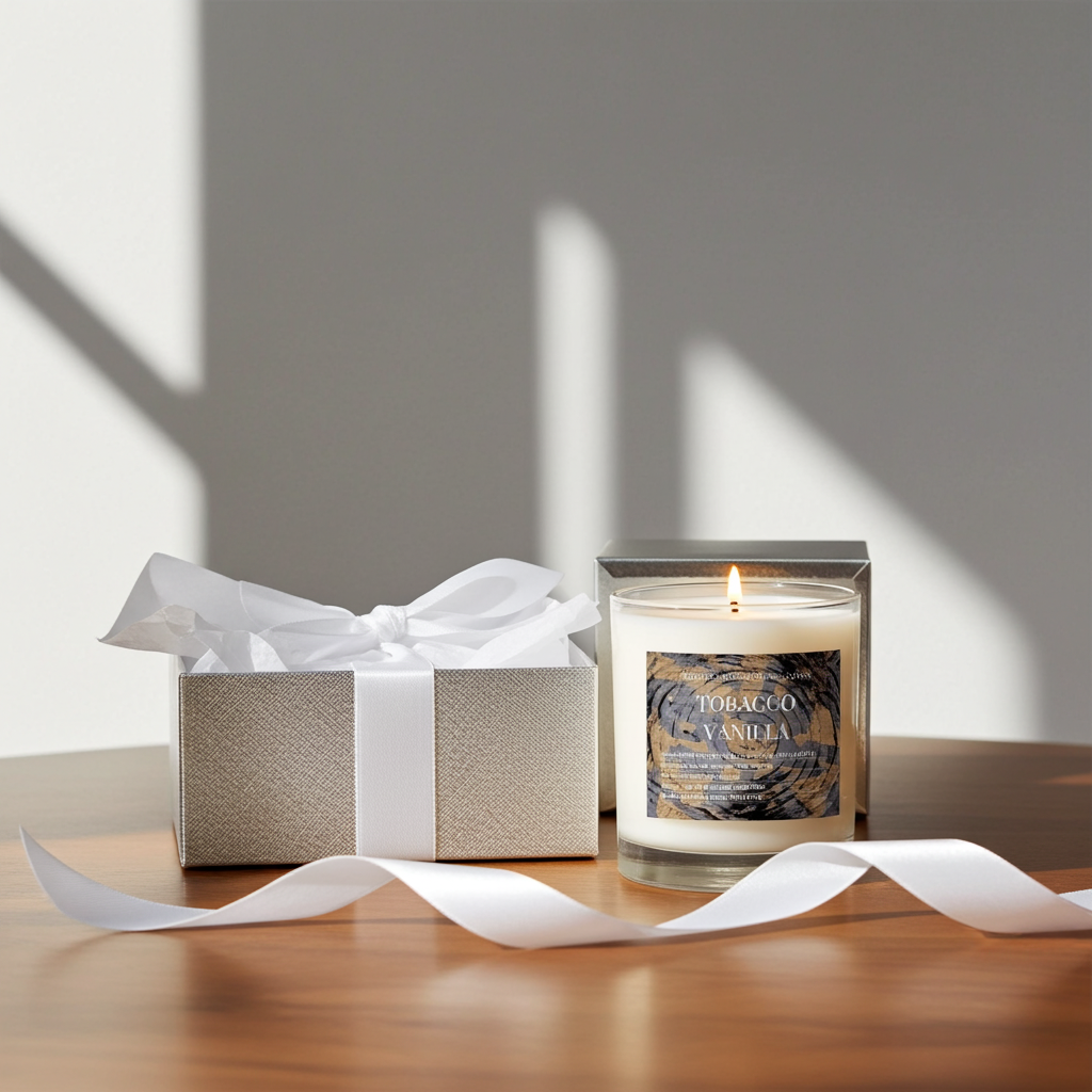 A lit jar candle labeled Tobacco and Vanilla stands beside a textured gift box with white ribbon on a wooden surface, with strong sunlight casting shadows on a neutral wall.