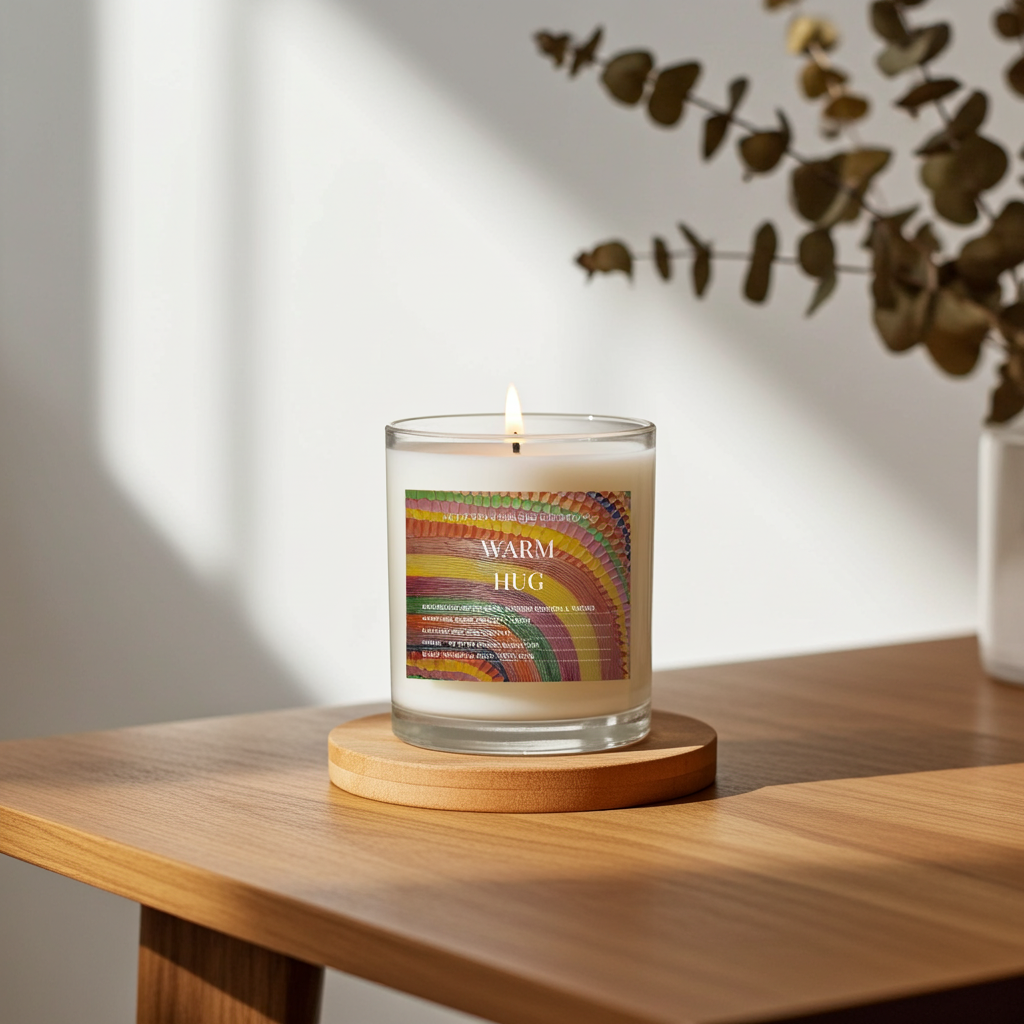 A lit candle in a clear glass jar sits on a round wooden coaster on a wooden table, with warm sunlight casting shadows on the wall behind it and dried plant branches in the background.
