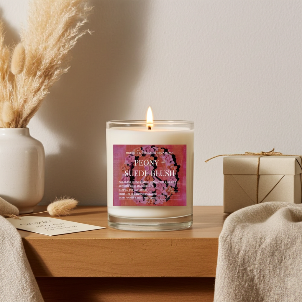 A lit candle in a clear glass jar sits on a wooden table in a styled interior scene. The candle label reads 'PEONY SUEDE-BLUSH' with pink floral artwork.