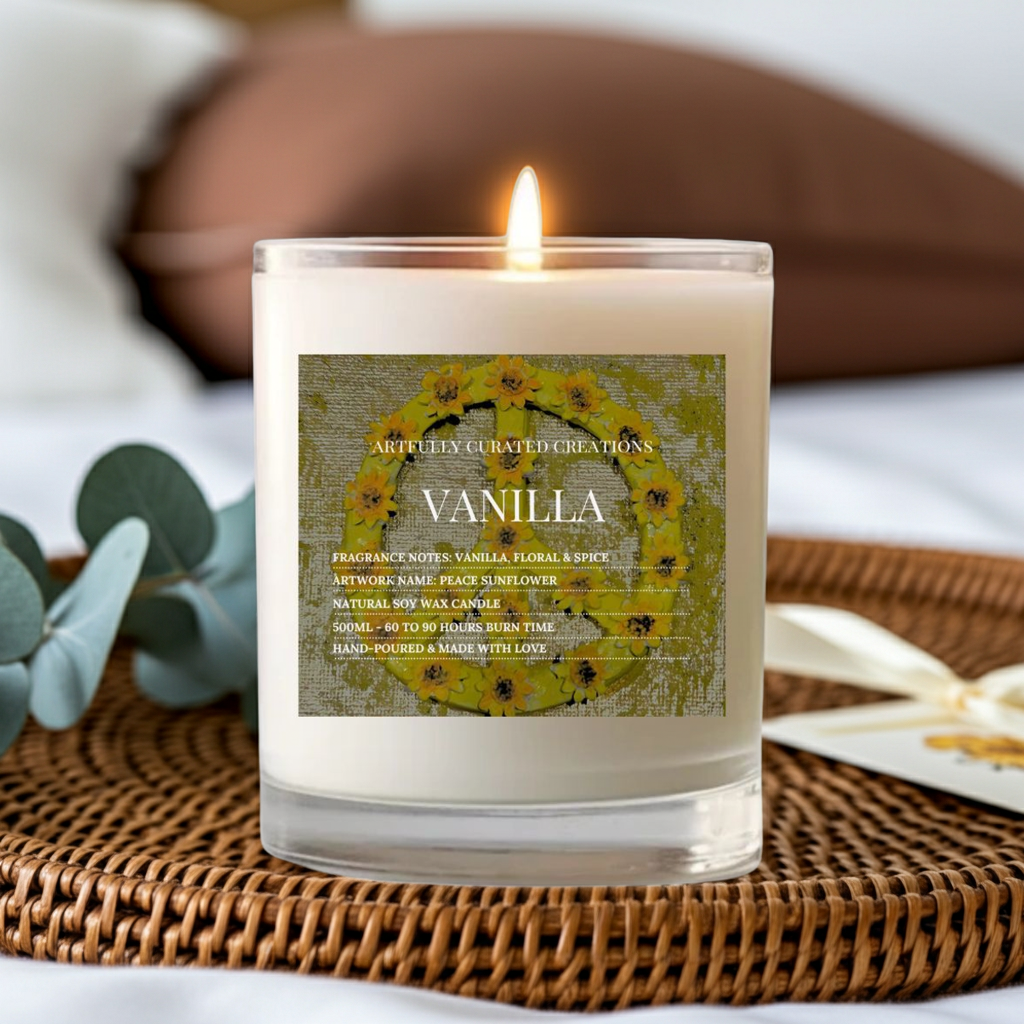 A lit white candle in a clear glass jar sits on a woven brown tray, with a printed front label reading 'VANILLA' and 'Artfully Cultivated Creations.' The background is softly blurred with neutral tones and decorative greenery.