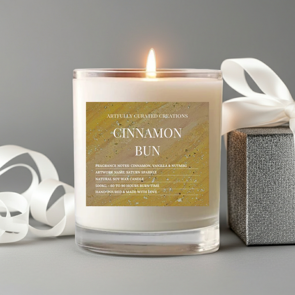 A lit candle in a clear glass jar with a gold label reading 'CINNAMON BUN' and 'Artfully Curated Creations,' styled on a gray surface with white ribbon curls and a silver gift box.