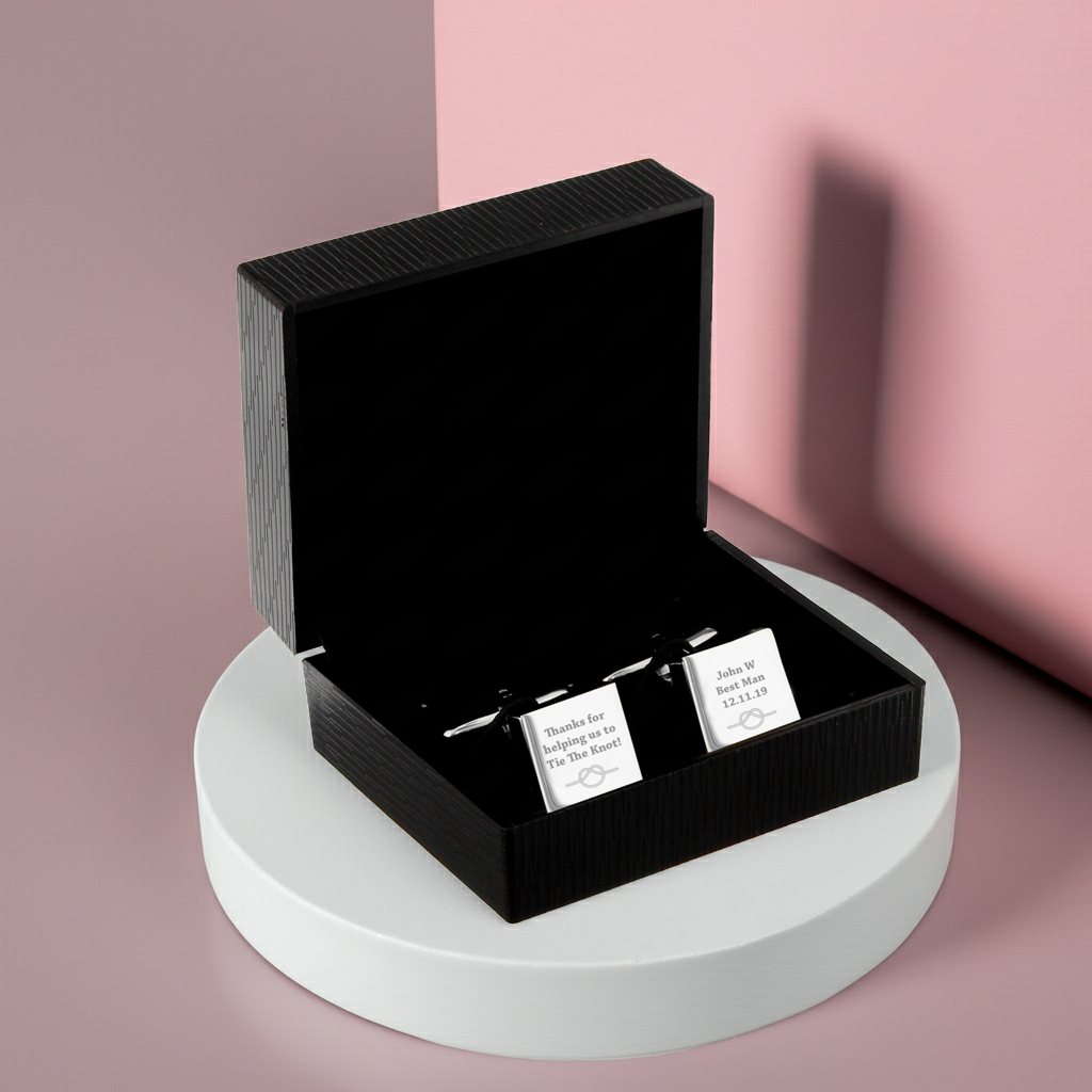 Personalised ‘Tie the Knot’ Cufflinks | Engraved Wedding Gift Box - Artfully Curated Creations and identify whats in the image