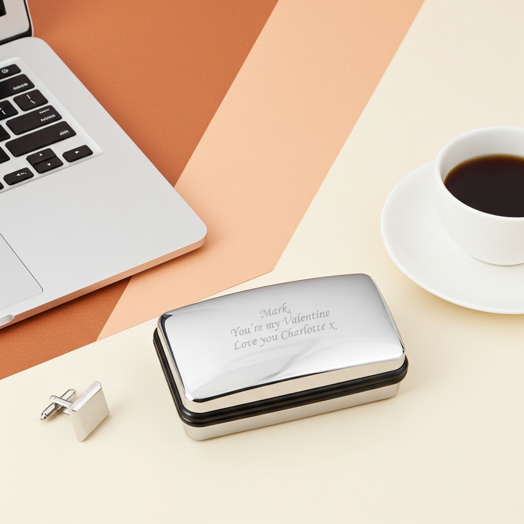 Personalised Silver Cufflink Box | Engraved Keepsake Gift for Weddings, Birthdays & Father’s Day - Artfully Curated Creations and identify whats in the image