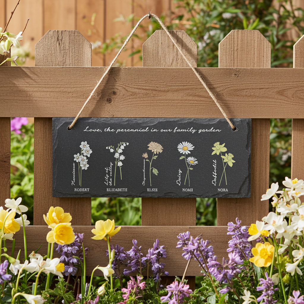 Decorative sign with floral illustrations and text hanging on a wooden fence with flowers in the foreground.